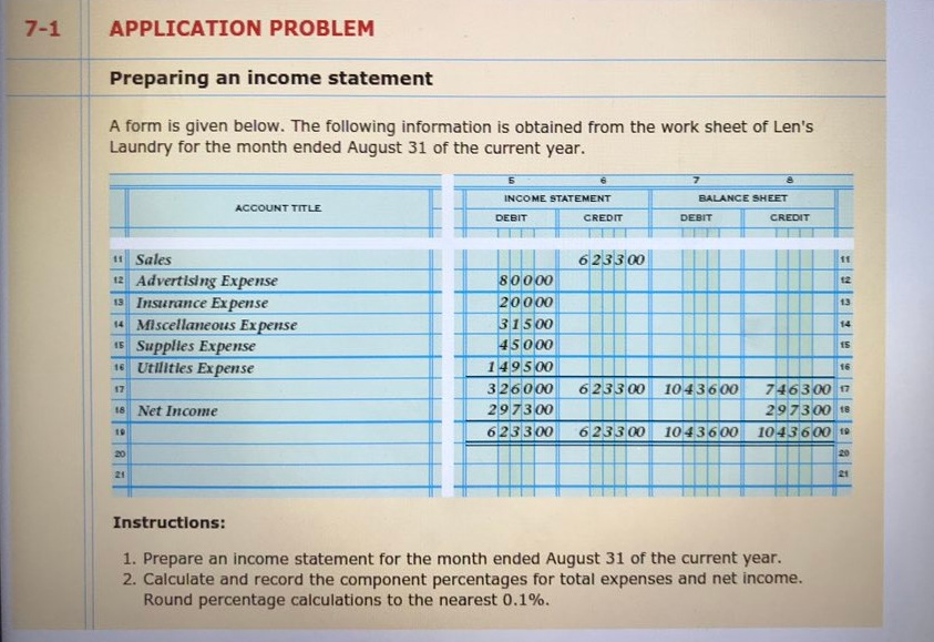  7-1 APPLICATION PROBLEM Preparing an income statement A form is given