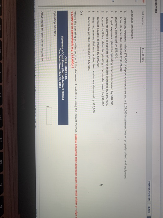 following ASPE, is presented here CULLUMBER LTD. Income Statement Year Ended November