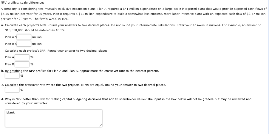  NPV profiles: scale differences A company is considering two mutually exclusive