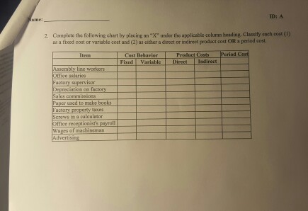 Complete the following chart by placing an "X" under the applicable
