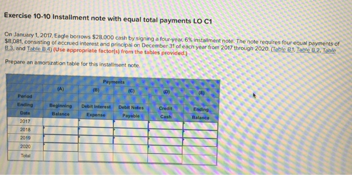  Exercise 10-10 Installment note with equal total payments LO C1 On