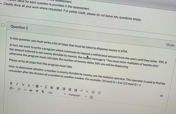  Un assessment pull Value for each question is provided in the