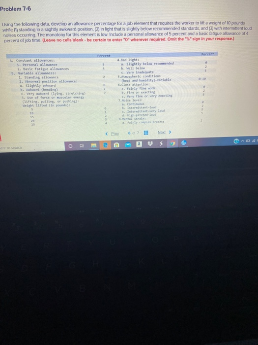 Using the following data, develop an allowance percentage for a job element