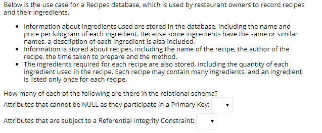 Below is the use case for a Recipes database, which is