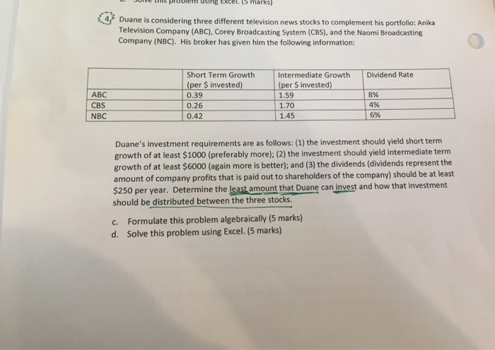  U. JUNE US pruum USING Excel. (5 marks) 4 Duane is