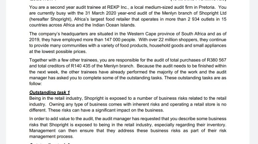 You are a second year audit trainee at REKP Inc., a