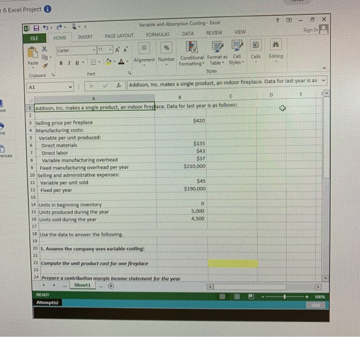  6 Excel Projecti Variable and Absorption Costing- Excel Sign In VIEW