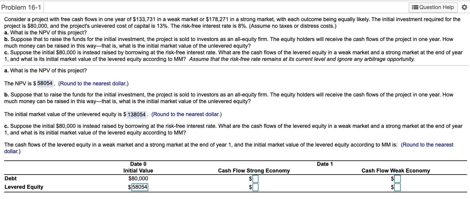 Problem 16-1 Question Help Consider a project with free cash flows