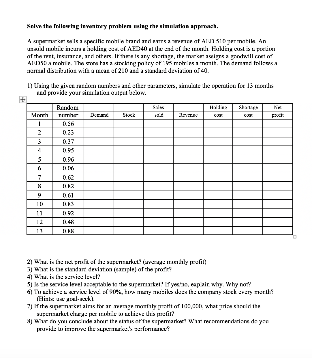 Solve the following inventory problem using the simulation approach. A supermarket