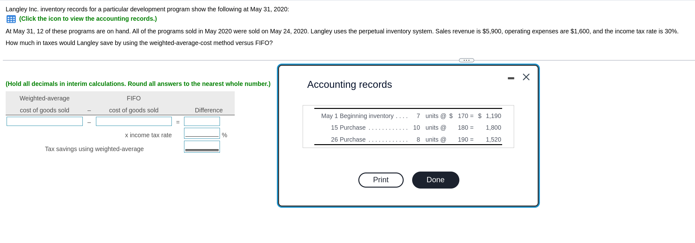 Langley Inc. inventory records for a particular development program show the