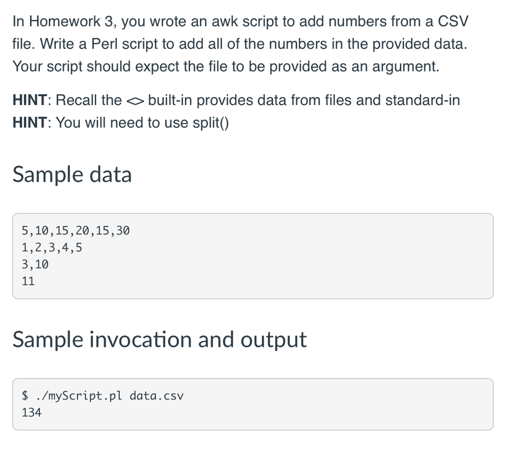  In Homework 3, you wrote an awk script to add numbers