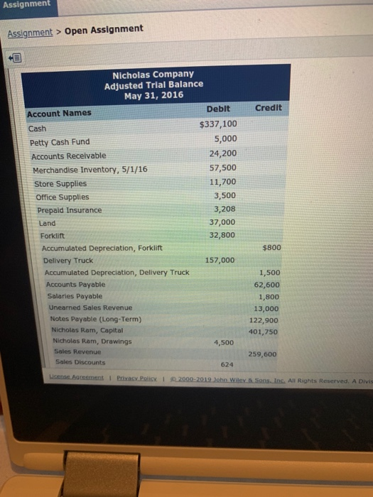  Prepare the closing entries for Nicholas Company. Assignment Assignment> Open Assignment