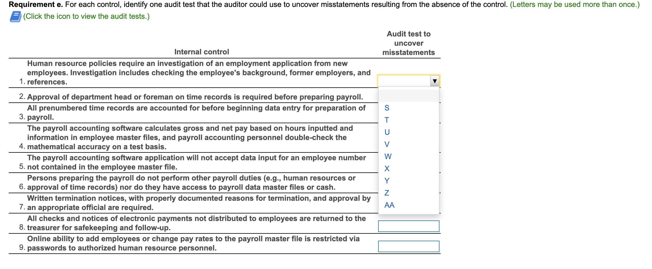  Requirement e. For each control, identify one audit test that the