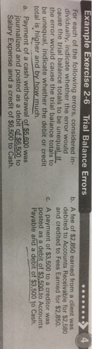  Example Exercise 2-6 Trial Balance Errors 4 For each of the