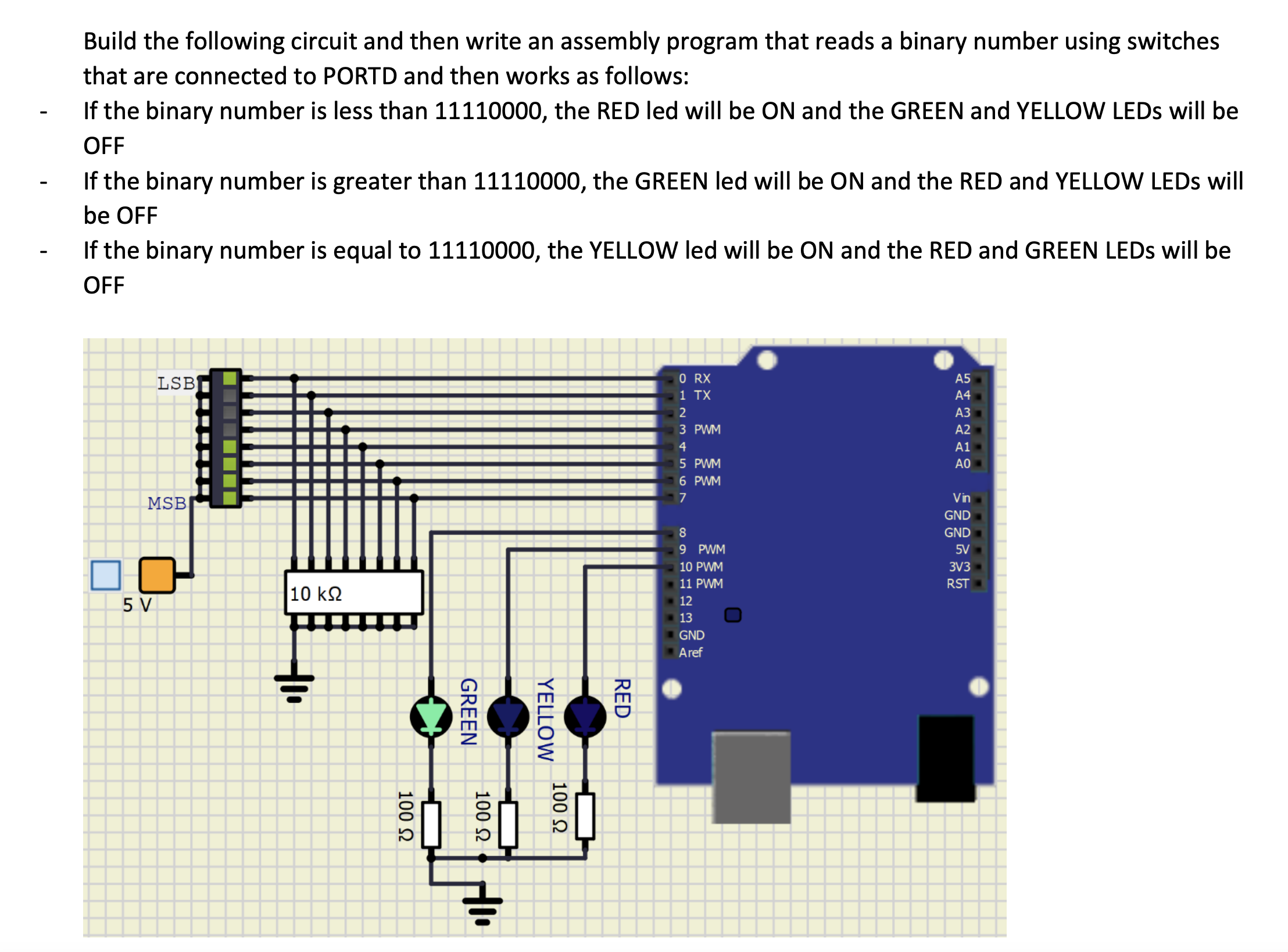  Build the following circuit and then write an assembly program that