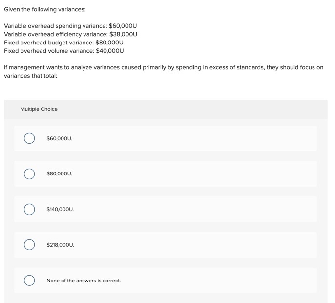  Given the following variances: Variable overhead spending variance: $60,000U Variable overhead