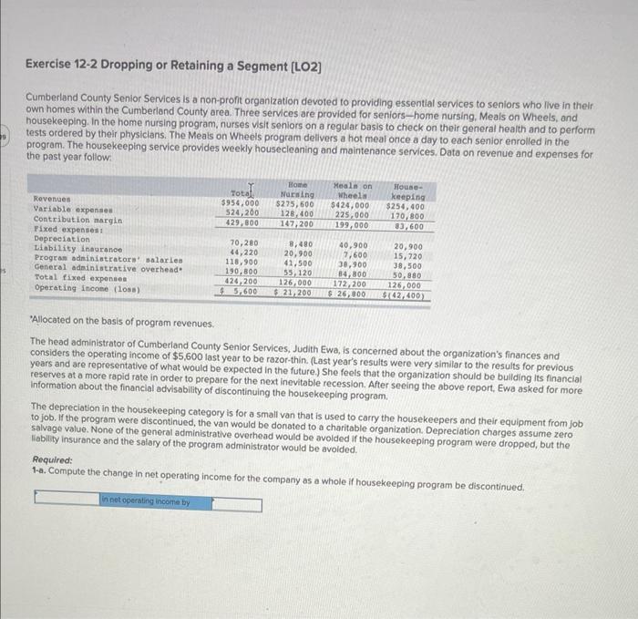  Exercise 12-2 Dropping or Retaining a Segment [LO2] Cumberland County Senior