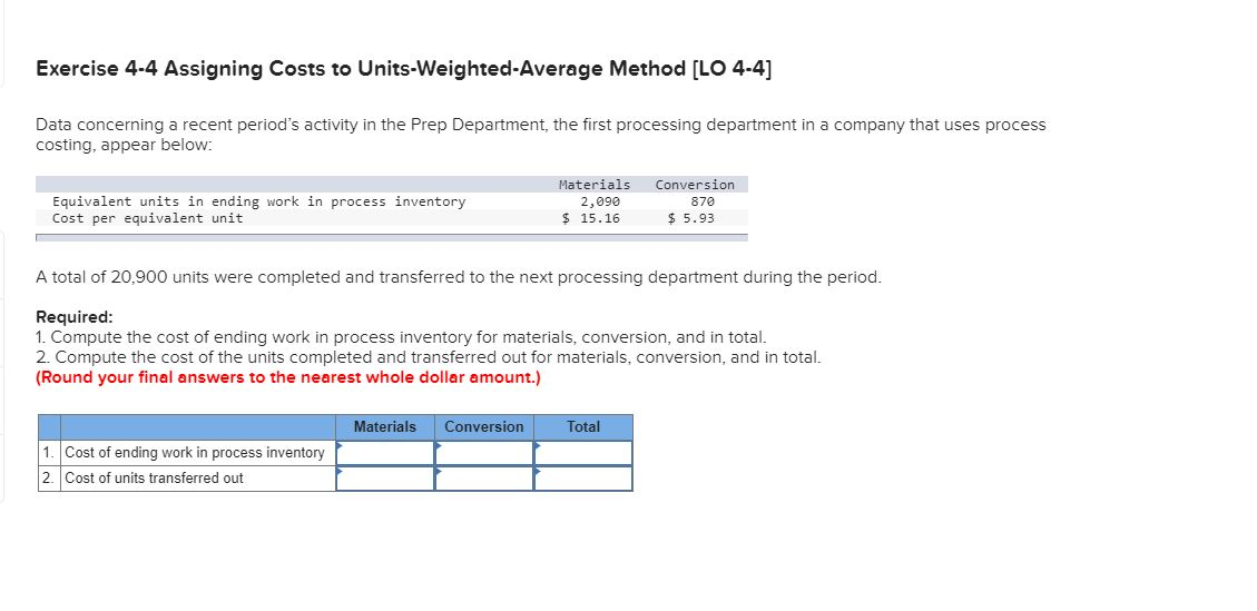  Exercise 4-4 Assigning Costs to Units-Weighted-Average Method [LO 4-4] Data concerning