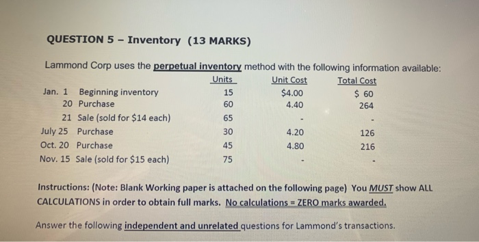  QUESTION 5 - Inventory (13 MARKS) Lammond Corp uses the perpetual