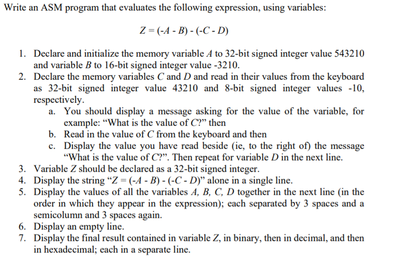  Write an ASM program that evaluates the following expression, using variables: