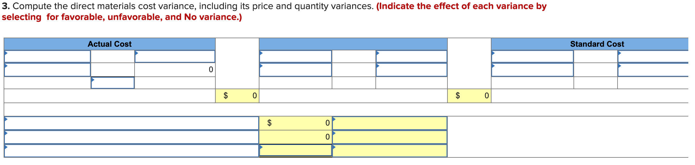 and No variance.) Antuan Company set the following standard costs for one