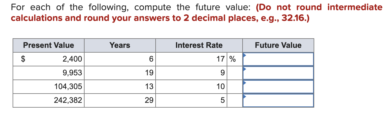  For each of the following, compute the future value: (Do not