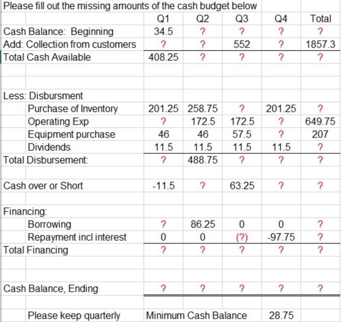  make a cash budget plan and fill the blanks Please fill