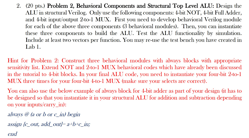  2. (20 pts.) Problem 2, Behavioral Components and Structural Top Level