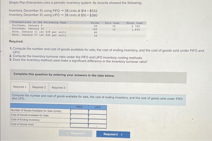  Simple Plan Enterprises uses a periodic inventory system. Its records showed