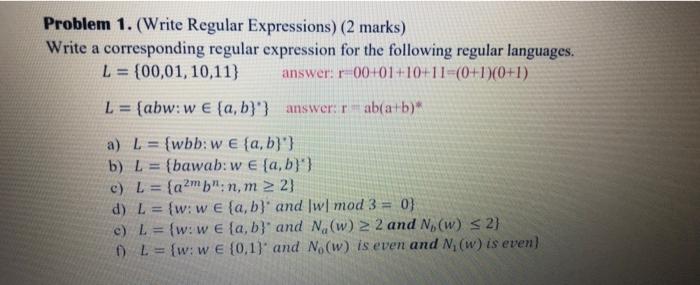 q1 plz from a to f Problem 1. (Write Regular Expressions) (2