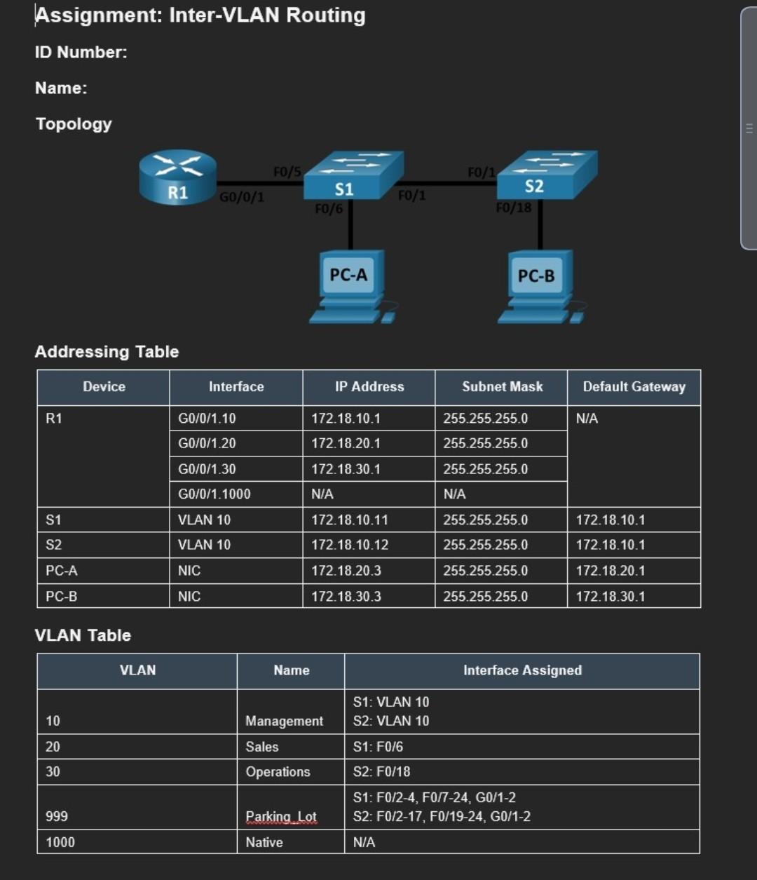  Addressing Table VLAN Table Step 2: Manually configure S1's trunk interface