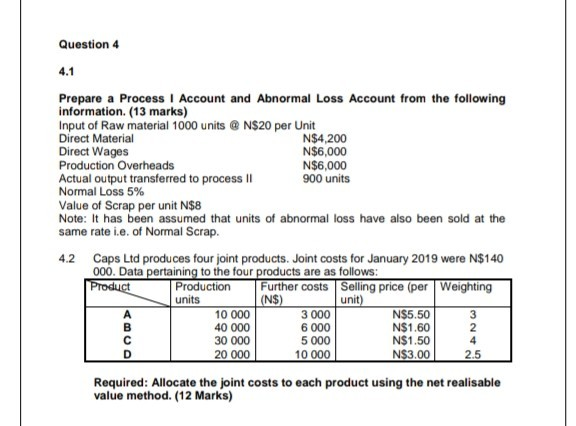  Question 4 4.1 Prepare a Process I Account and Abnormal Loss