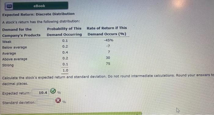  Expected Return: Discrete Distribution A stock's return has the following distribution: