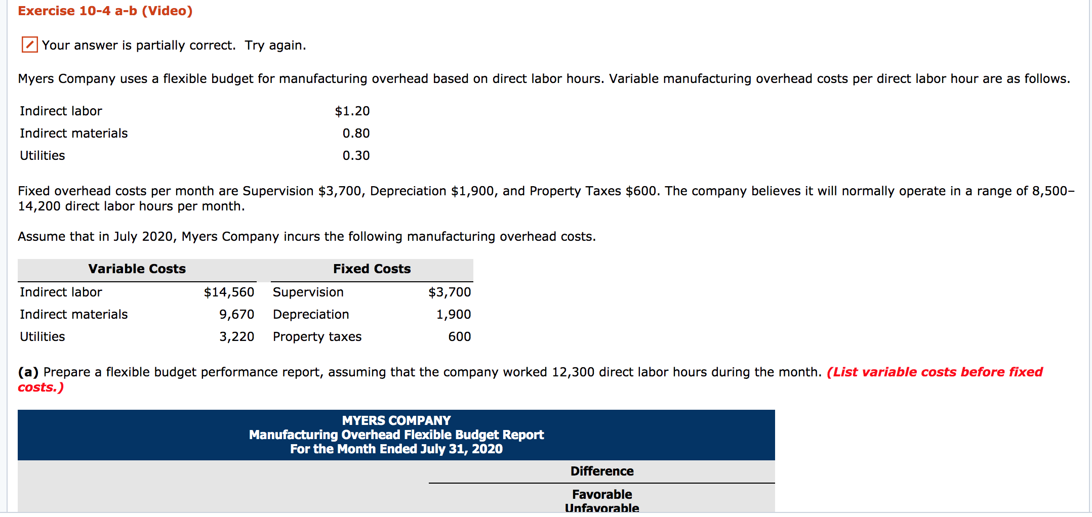 Exercise 10-4 a-b (Video) Your answer is partially correct. Try again.