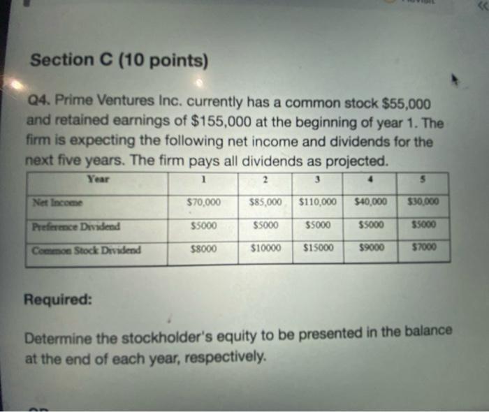  Section C (10 points) Q4. Prime Ventures Inc. currently has a