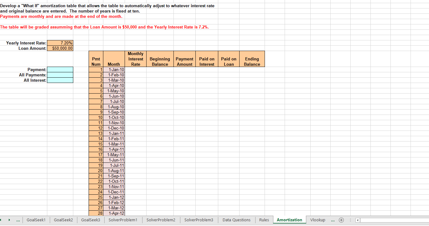 Develop a "What If" amortization table that allows the table to
