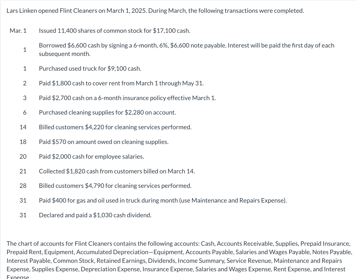 Lars Linken opened Flint Cleaners on March 1, 2025. During March,