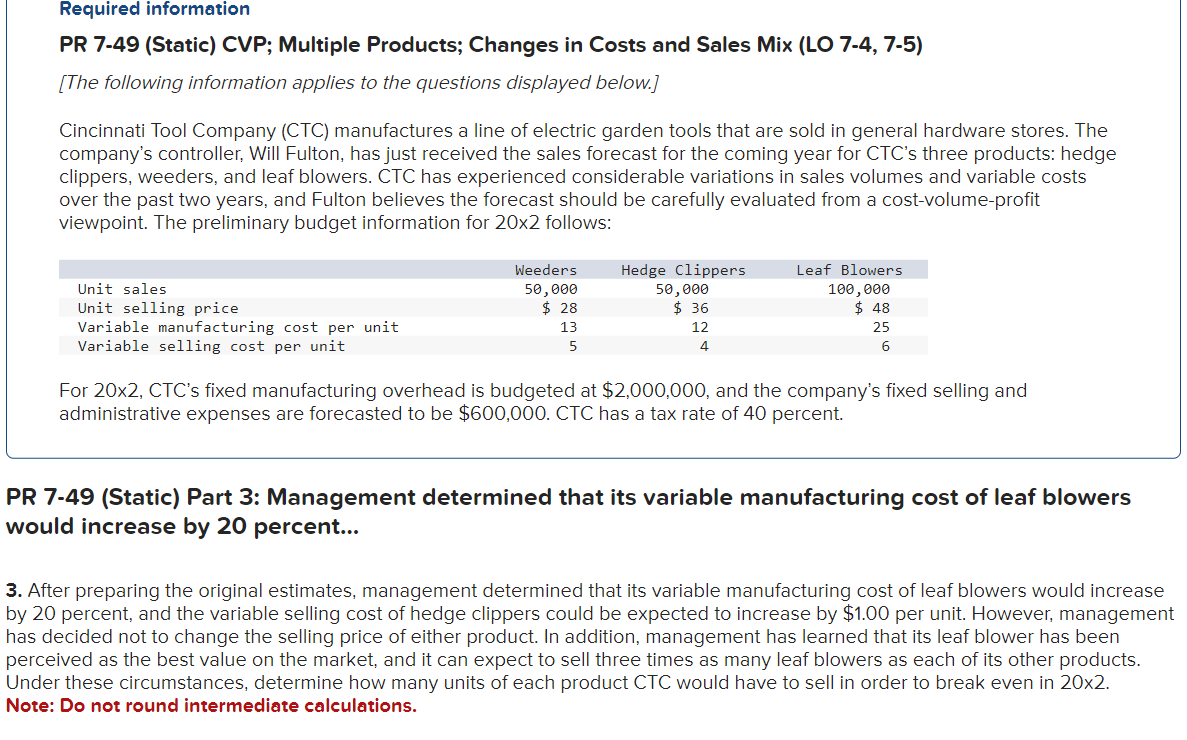 PR 7-49 (Static) CVP; Multiple Products; Changes in Costs and Sales