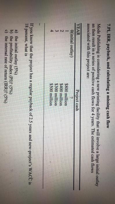  7.PI, IRR, payback, and calculating a missing cash flow Mode Publishing