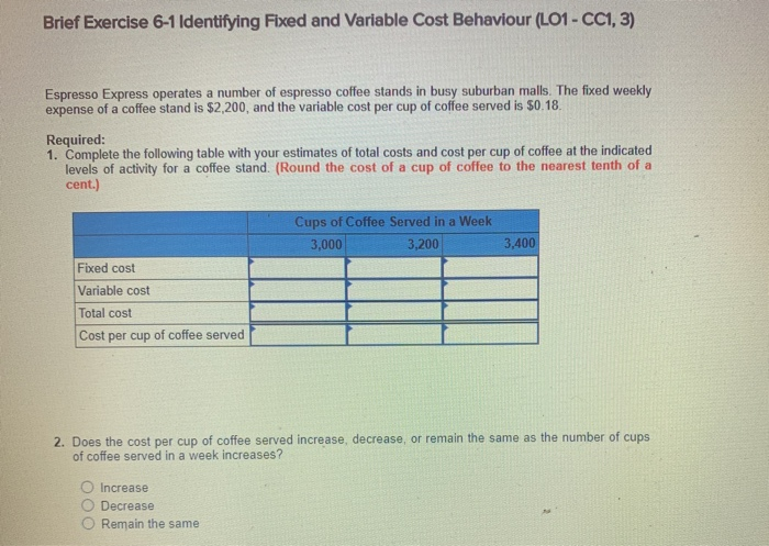  Brief Exercise 6-1 Identifying Fixed and Variable Cost Behaviour (L01 -