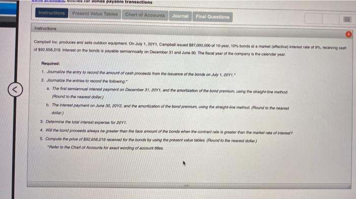  Tor bonds payable transactions Instructions Present Value Tablos Chart of Accounts