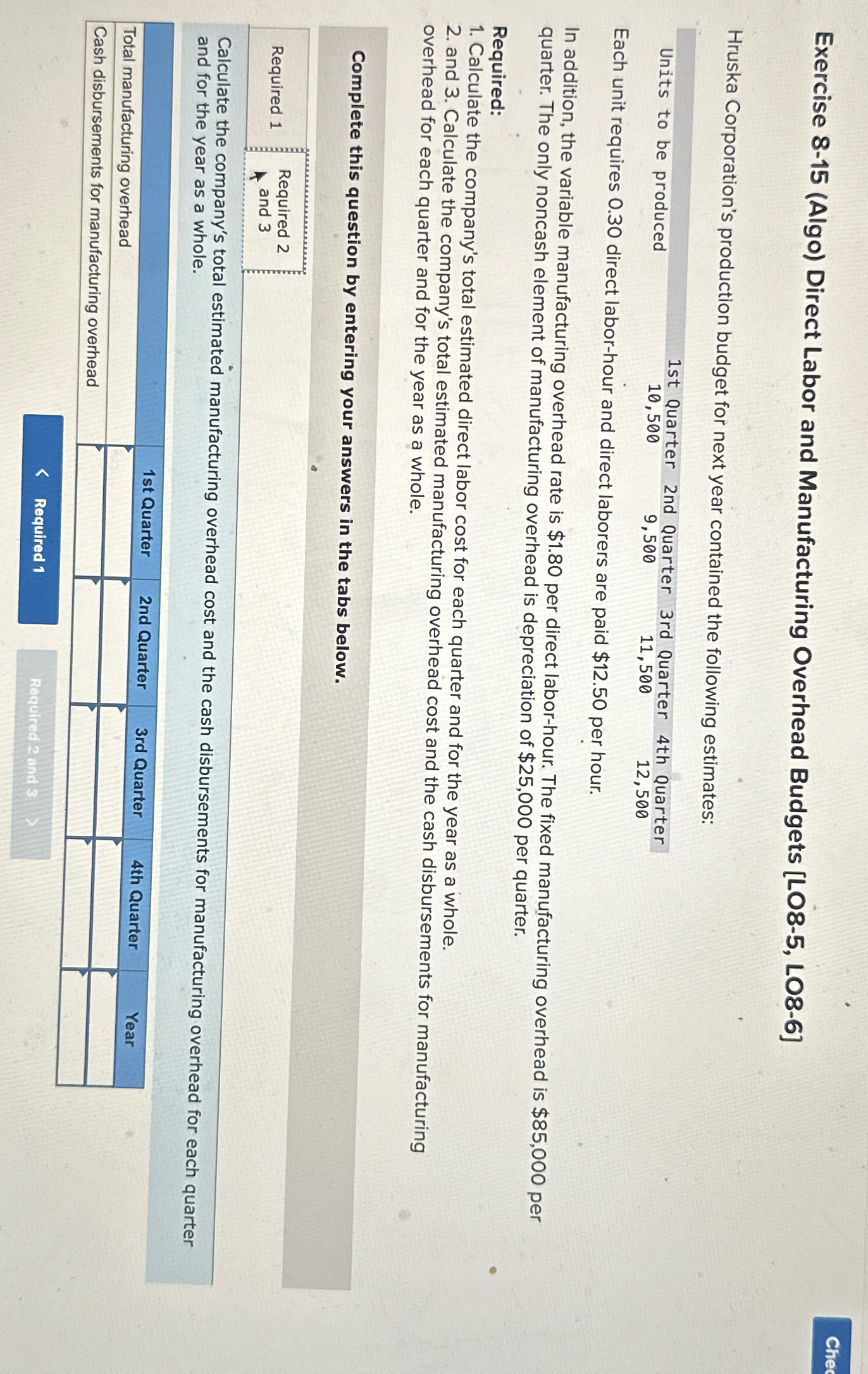 Exercise 8-15(Algo) Direct Labor and Manufacturing Overhead Budgets [LO8-5, LO8-6] Hruska