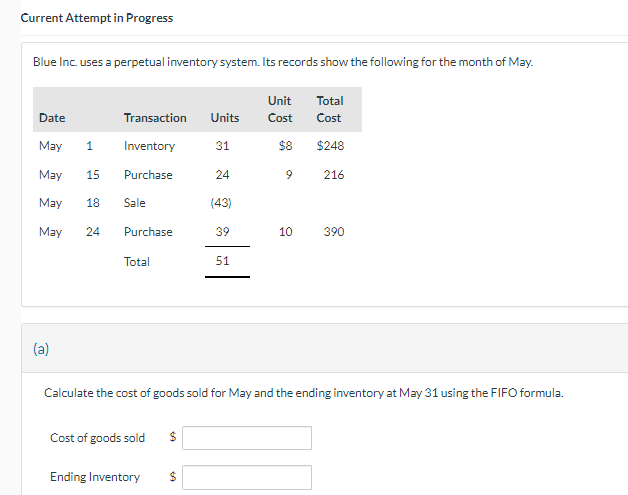 Current Attempt in Progress Blue Inc. uses a perpetual inventory system.