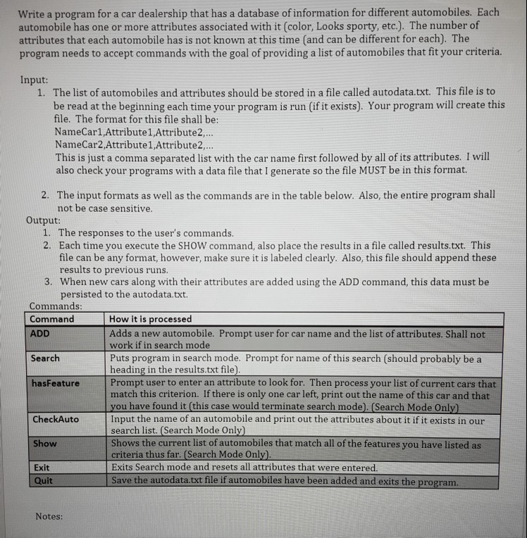  Write a program for a car dealership that has a database