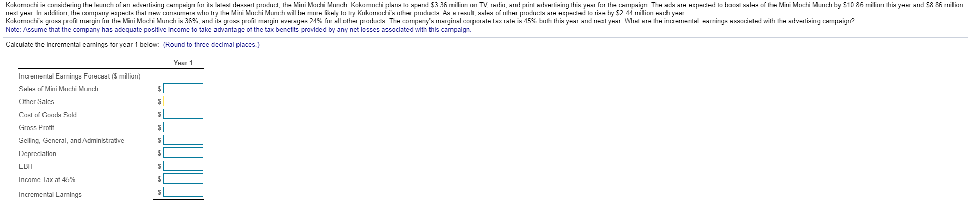 I need help with years one and two for this problem Kokomochi