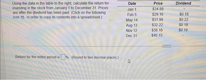  Dividend Using the data in the table to the right, calculate