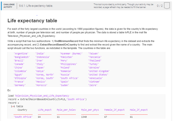 Please use MATLAB CHALLENGE ACTIVITY 96.1: Life expectancy table. 9.0.1: Le expectancy