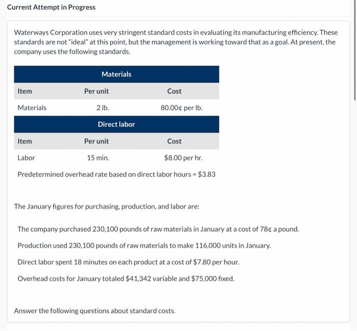 Current Attempt in Progress Waterways Corporation uses very stringent standard costs