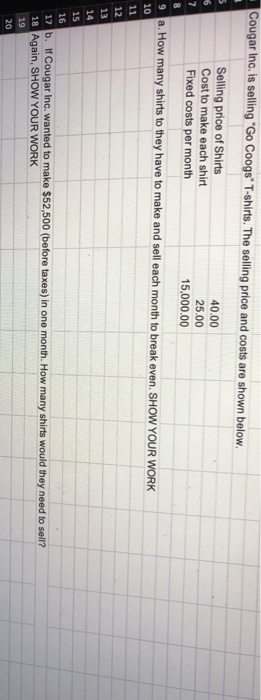 3 Cougar Inc. is selling "Go Coogs" T-shirts. The selling price and