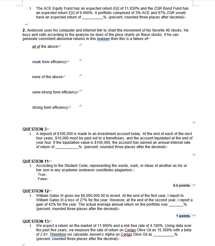  1. The ACE Equity Fund has an expected return E[r] of